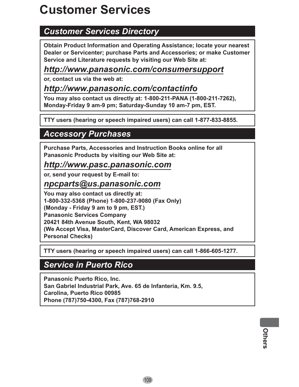 Customer services, Customer services directory, Accessory purchases | Service in puerto rico | Panasonic KX-PX10M User Manual | Page 109 / 112