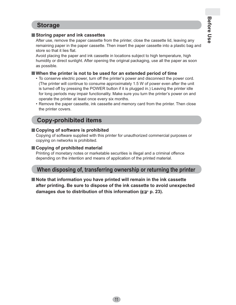 Storage, Copy-prohibited items | Panasonic KX-PX10M User Manual | Page 11 / 112