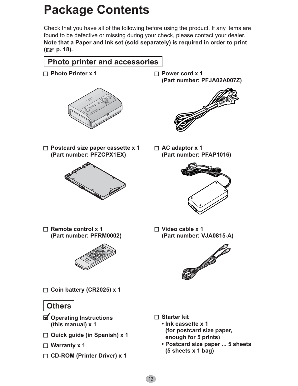 Package contents, Others, Photo printer and accessories | Panasonic KX-PX10M User Manual | Page 12 / 112