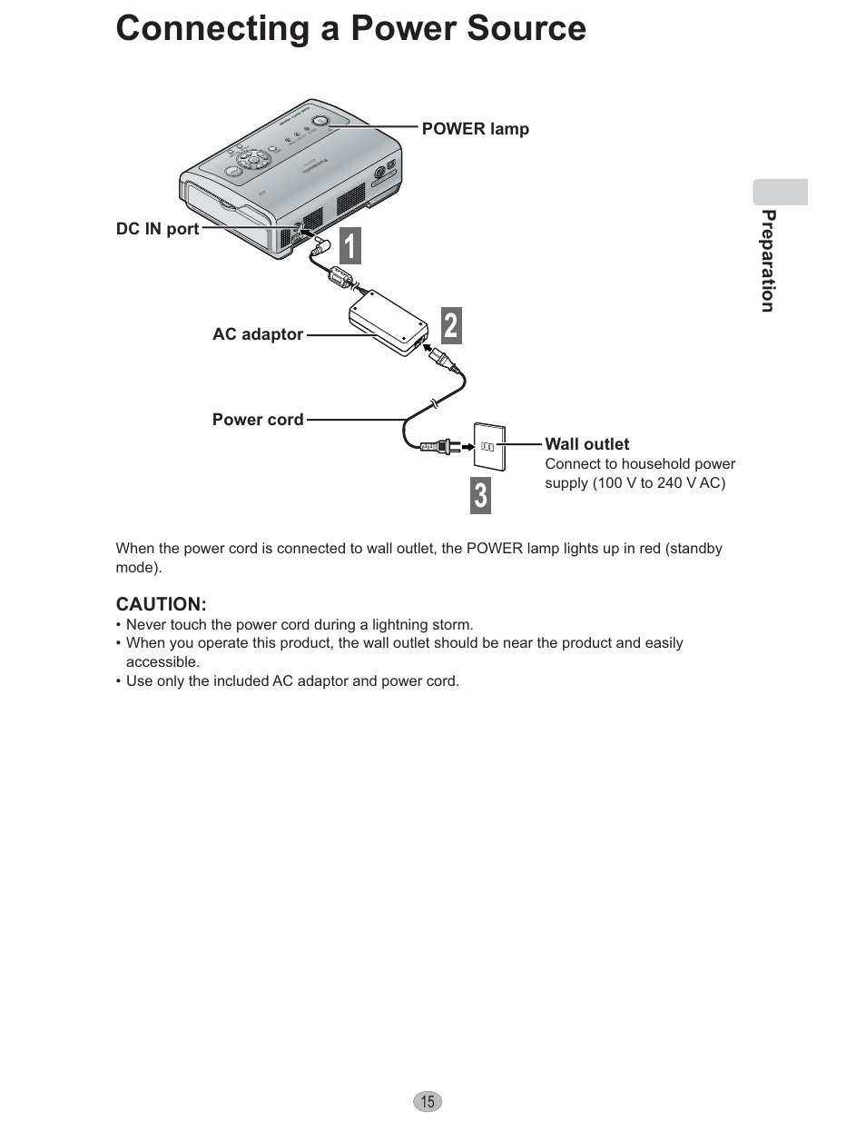 Preparation, Connecting a power source | Panasonic KX-PX10M User Manual | Page 15 / 112
