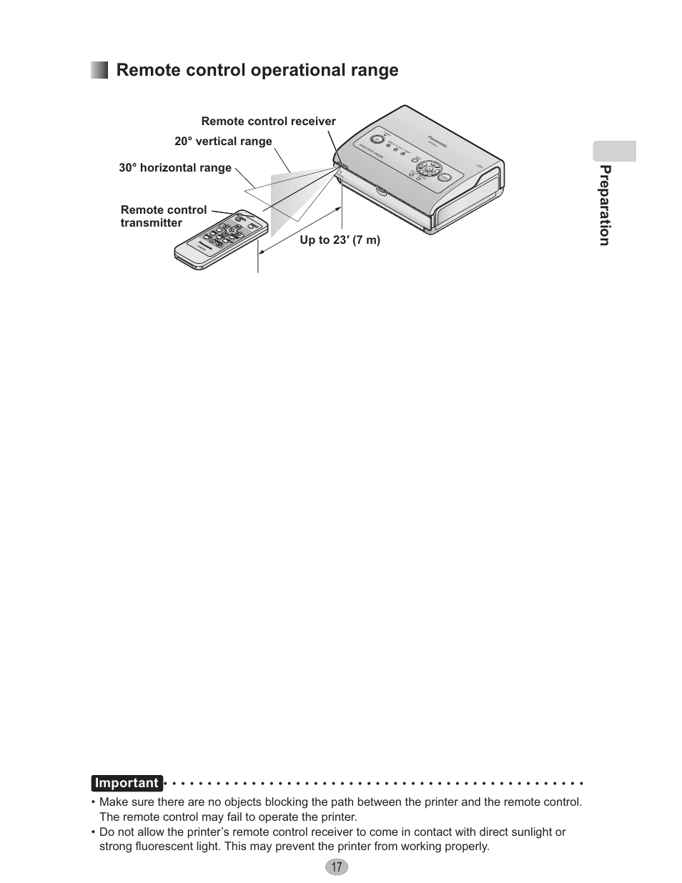 Remote control operational range | Panasonic KX-PX10M User Manual | Page 17 / 112