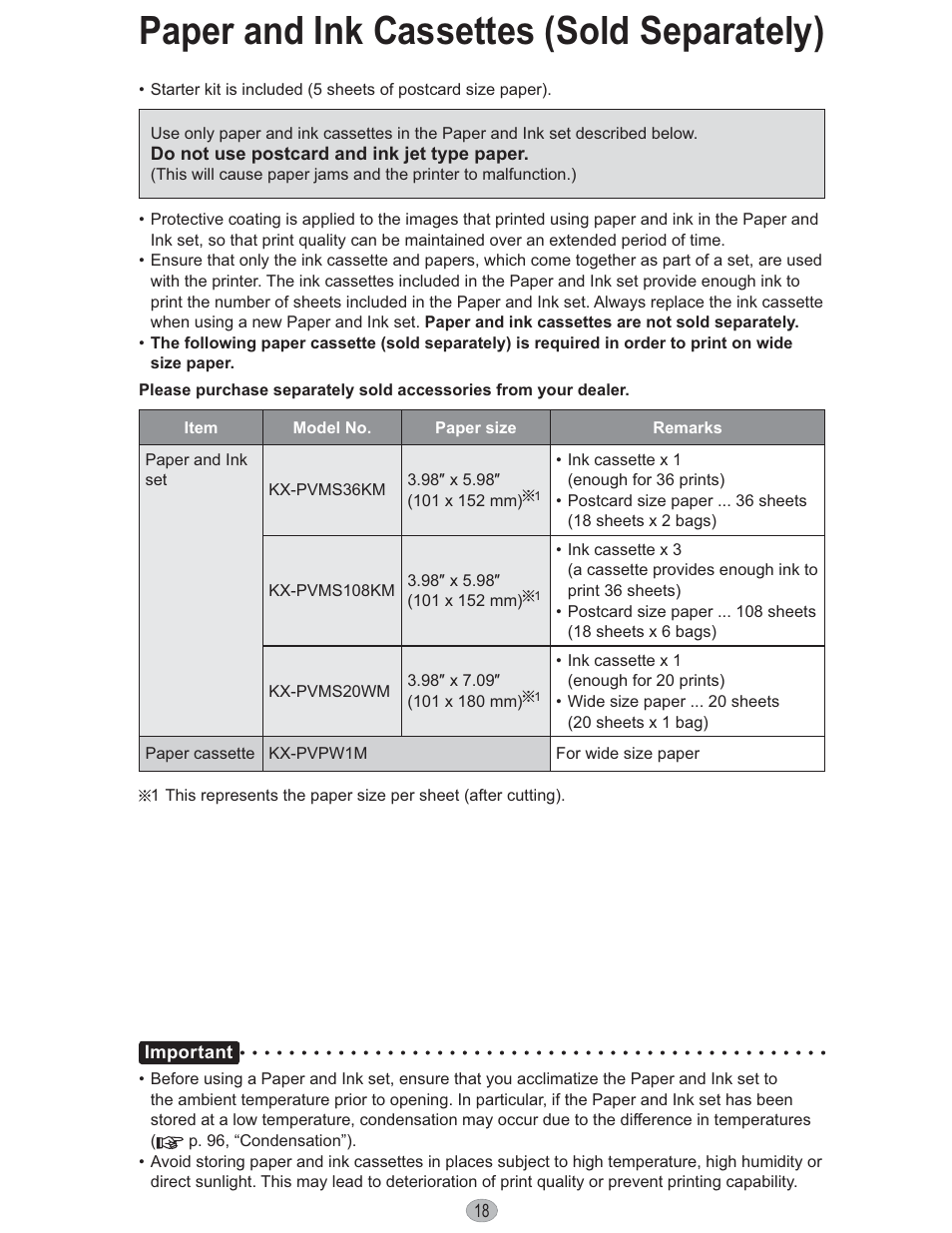 Paper and ink cassettes (sold separately) | Panasonic KX-PX10M User Manual | Page 18 / 112