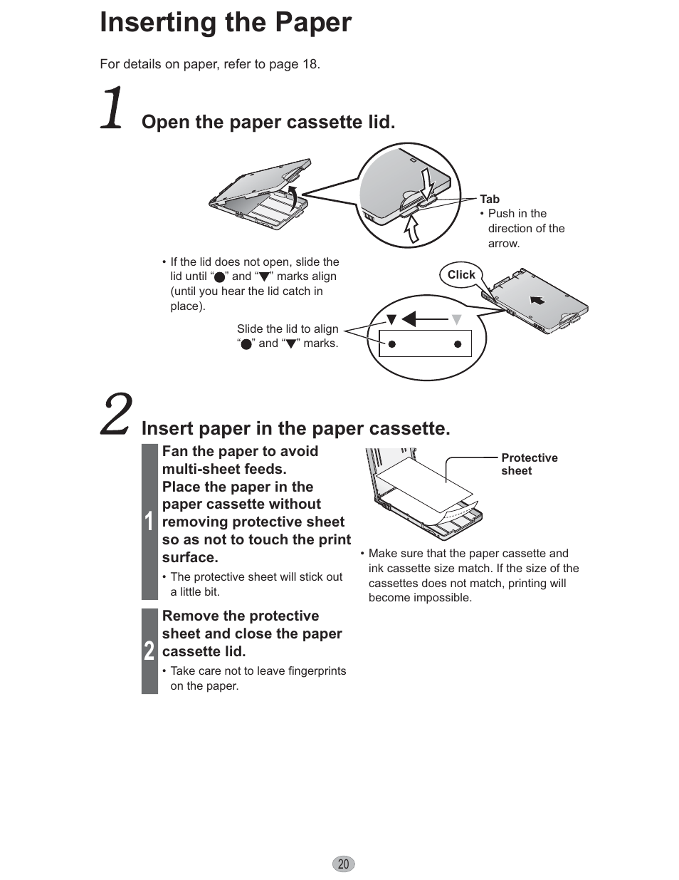 Inserting the paper, Open the paper cassette lid, Insert paper in the paper cassette | Panasonic KX-PX10M User Manual | Page 20 / 112