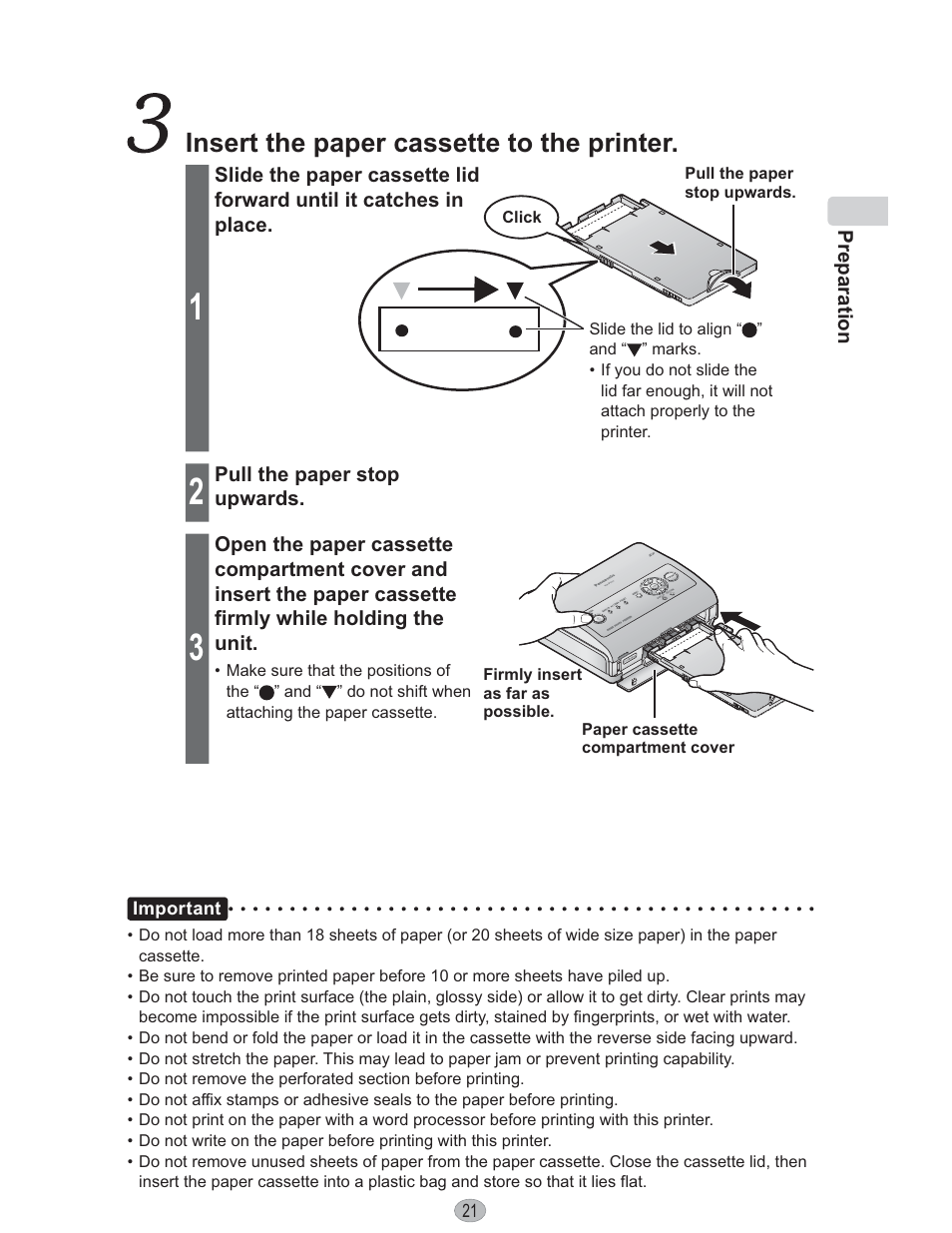 Insert the paper cassette to the printer | Panasonic KX-PX10M User Manual | Page 21 / 112