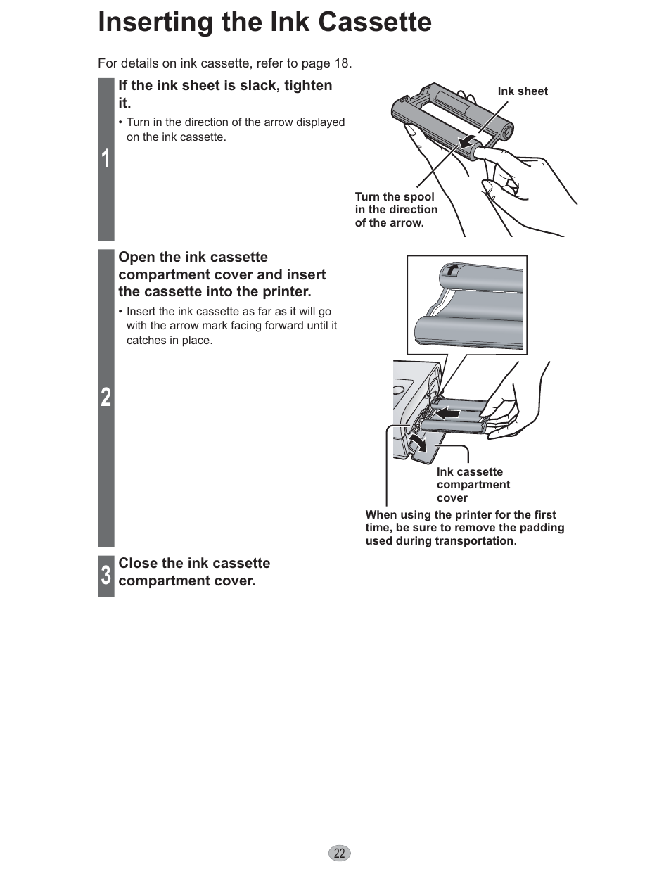 Inserting the ink cassette | Panasonic KX-PX10M User Manual | Page 22 / 112