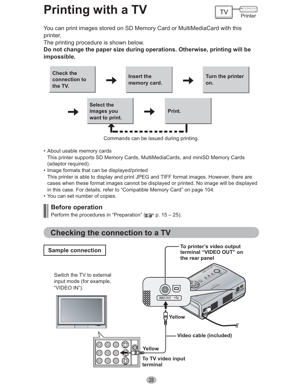 Printing with a tv, Checking the connection to a tv | Panasonic KX-PX10M User Manual | Page 28 / 112