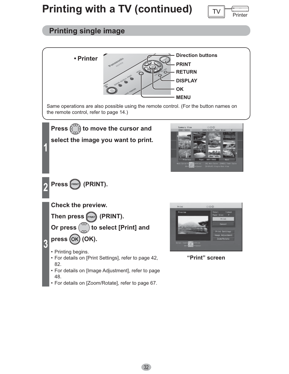 Printing with a tv (continued), Printing single image | Panasonic KX-PX10M User Manual | Page 32 / 112