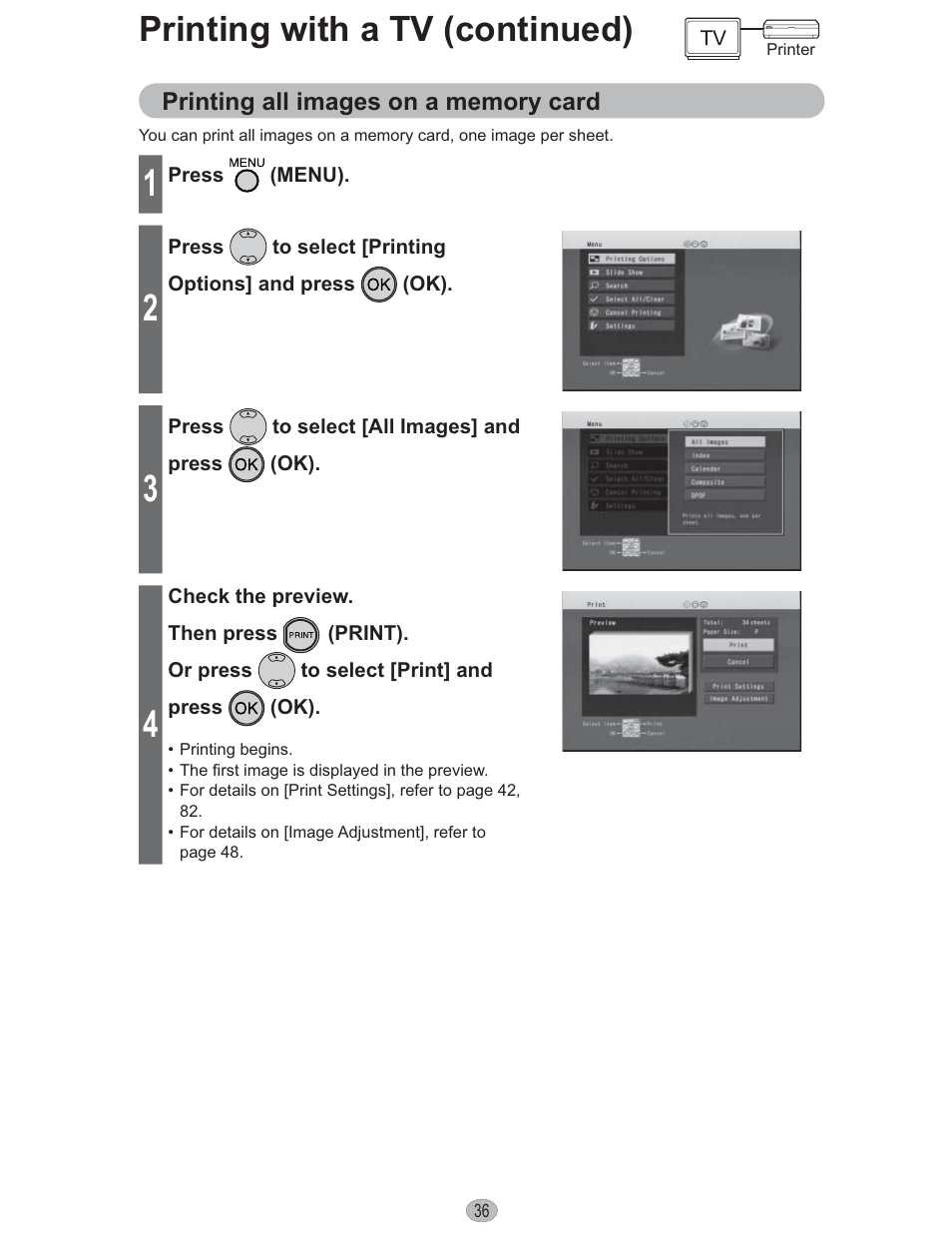 Printing with a tv (continued) | Panasonic KX-PX10M User Manual | Page 36 / 112