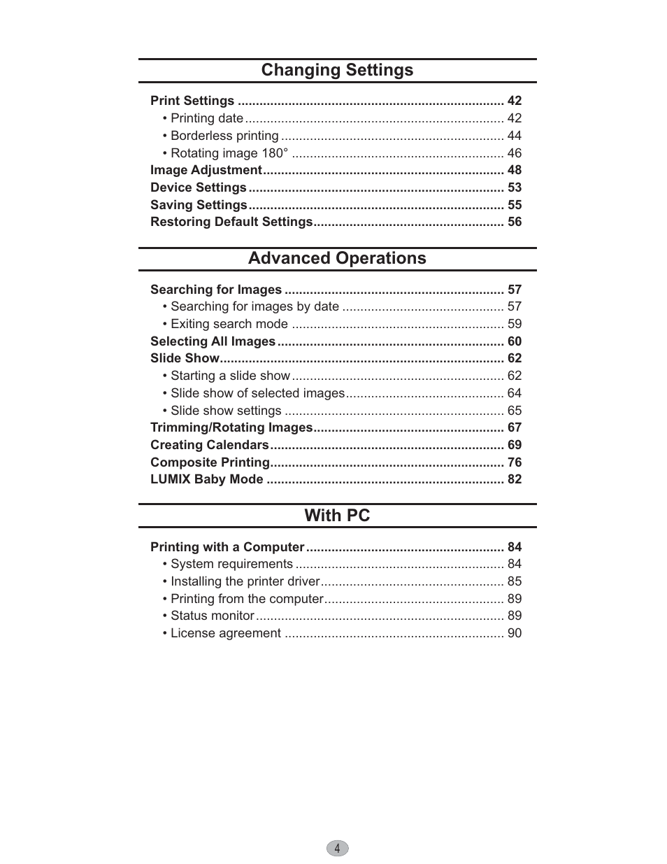 Changing settings, Advanced operations, With pc | Panasonic KX-PX10M User Manual | Page 4 / 112