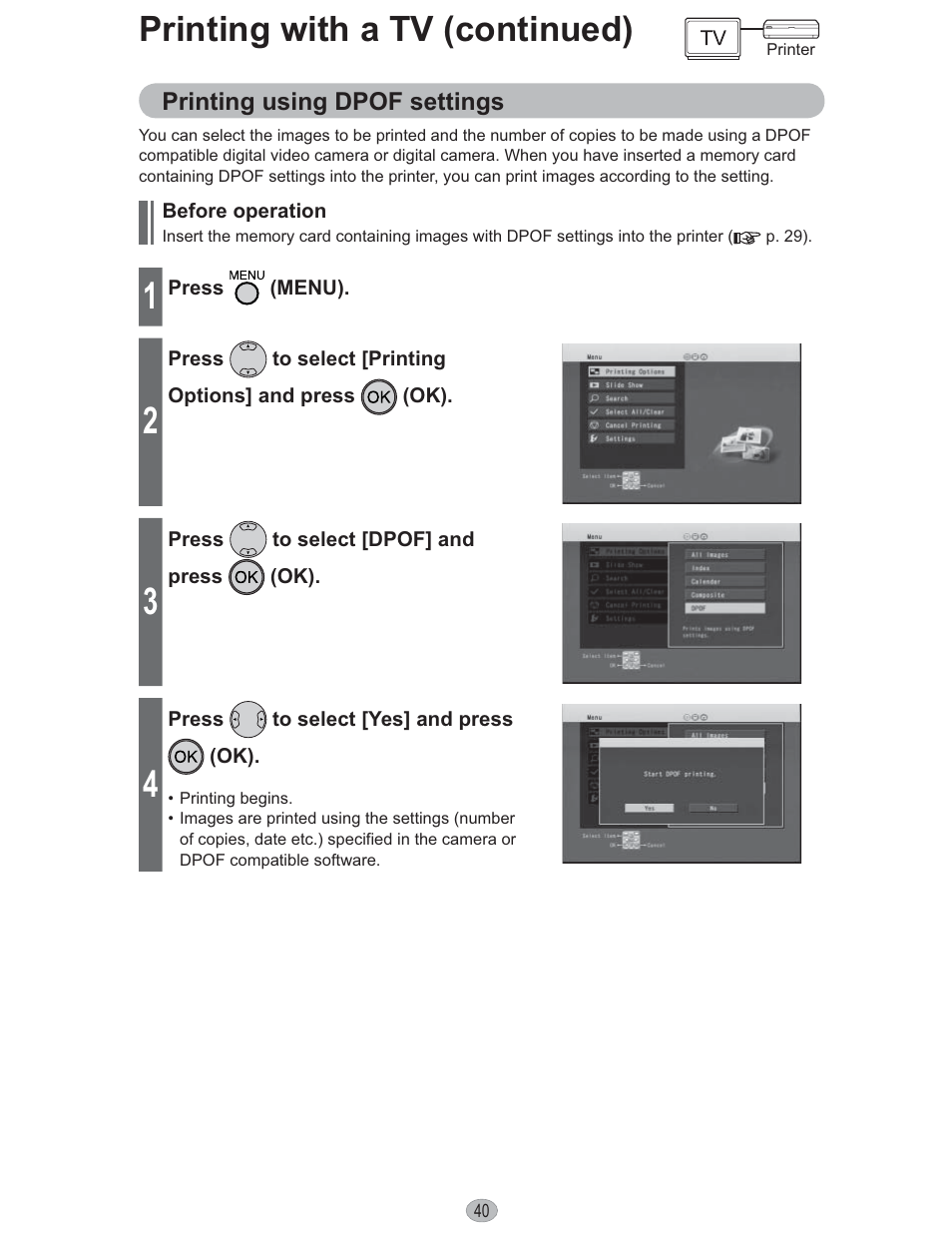 Printing with a tv (continued) | Panasonic KX-PX10M User Manual | Page 40 / 112