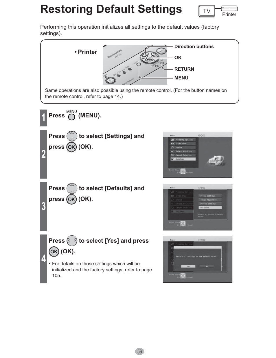 Restoring default settings | Panasonic KX-PX10M User Manual | Page 56 / 112