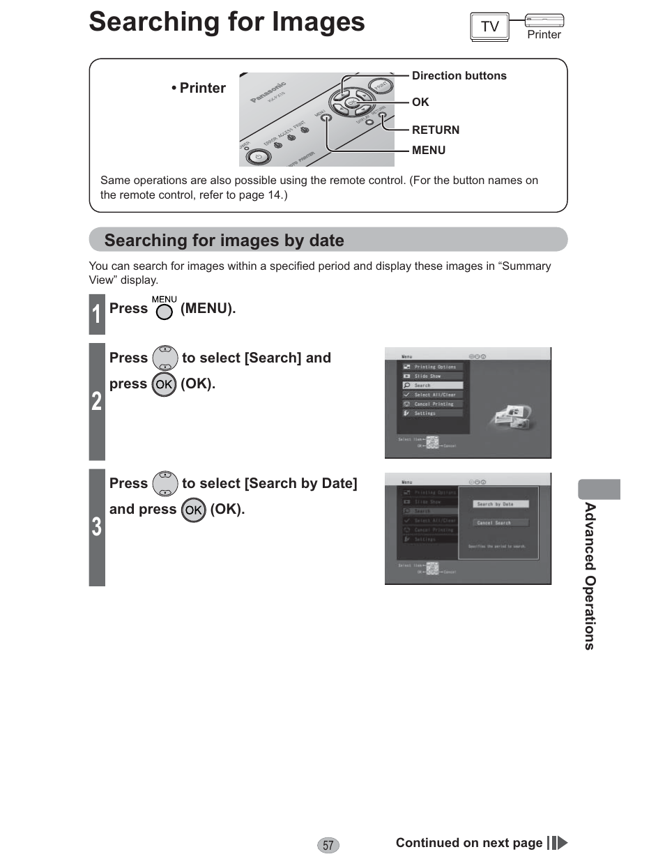 Advanced operations, Searching for images | Panasonic KX-PX10M User Manual | Page 57 / 112