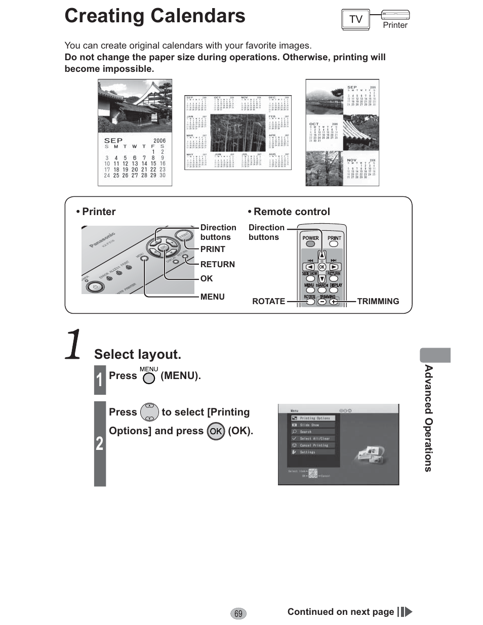 Creating calendars, Select layout | Panasonic KX-PX10M User Manual | Page 69 / 112