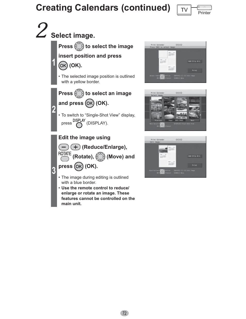 Creating calendars (continued), Select image | Panasonic KX-PX10M User Manual | Page 72 / 112