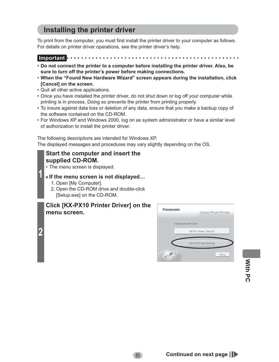 Installing the printer driver | Panasonic KX-PX10M User Manual | Page 85 / 112