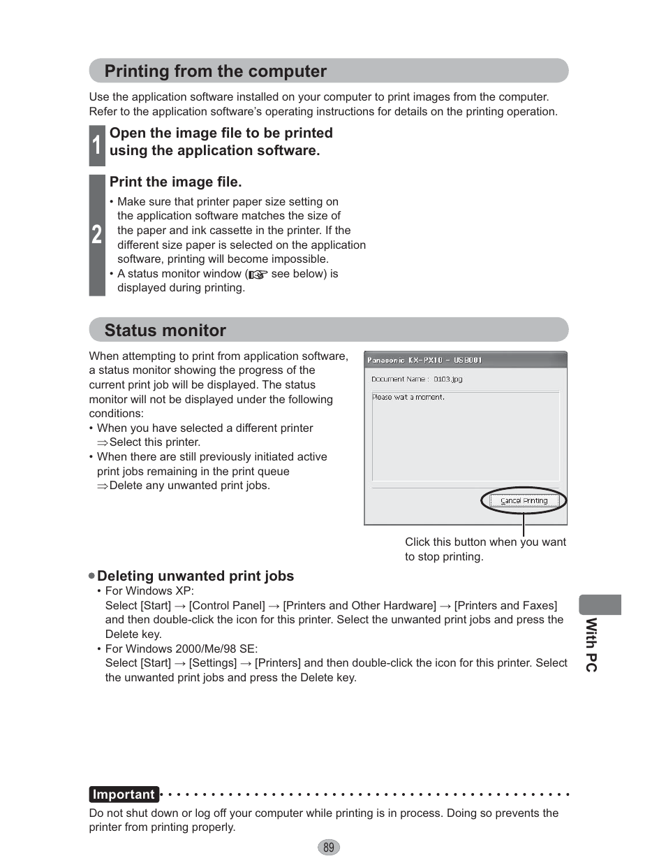 Printing from the computer, Status monitor | Panasonic KX-PX10M User Manual | Page 89 / 112