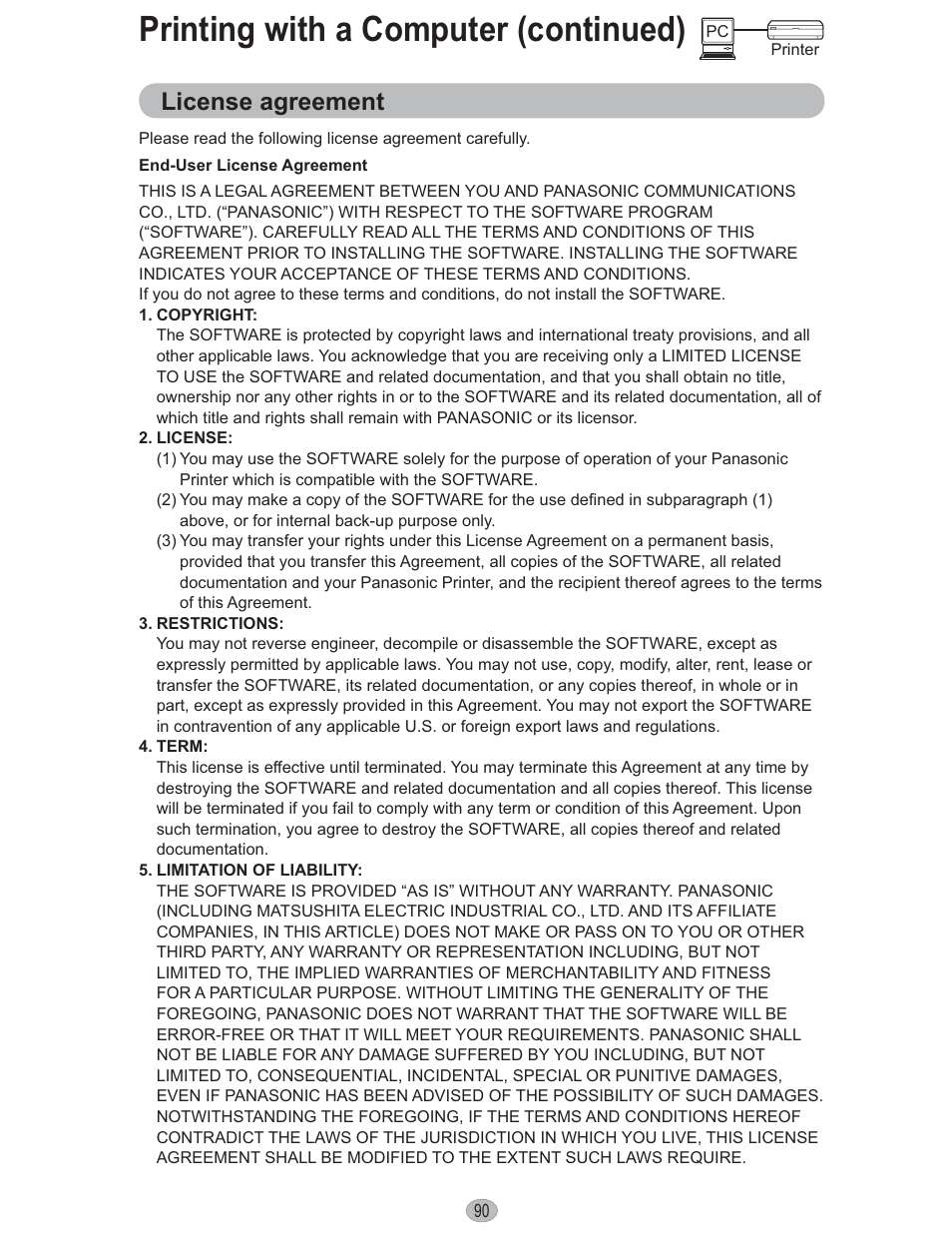 Printing with a computer (continued), License agreement | Panasonic KX-PX10M User Manual | Page 90 / 112