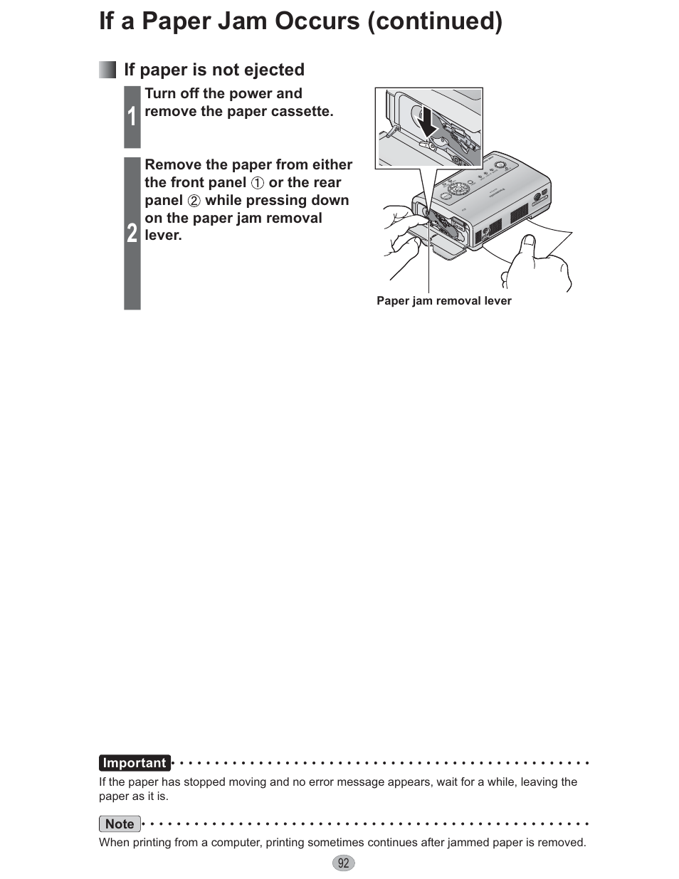 If a paper jam occurs (continued) | Panasonic KX-PX10M User Manual | Page 92 / 112