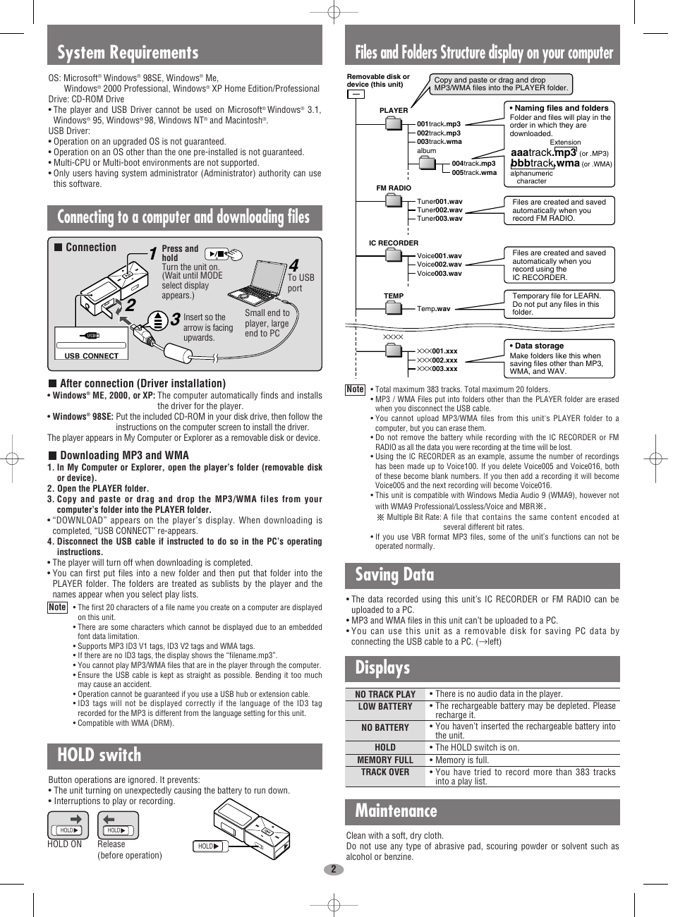 Saving data, Maintenance hold switch, System requirements displays | Connecting to a computer and downloading files | Panasonic SV-MP710SV User Manual | Page 2 / 6