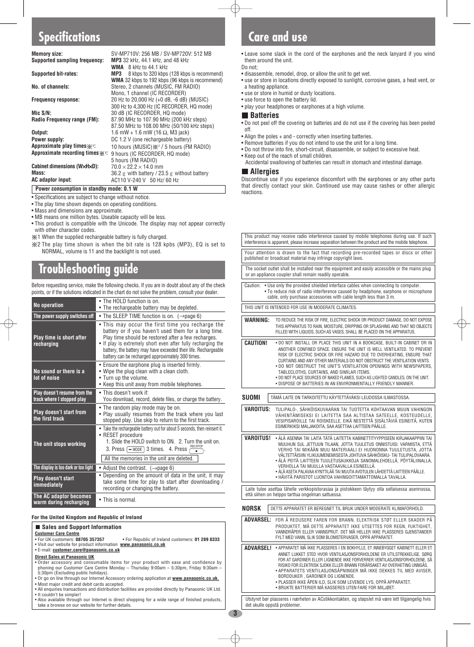 Specifications troubleshooting guide care and use, Batteries, Allergies | Panasonic SV-MP710SV User Manual | Page 3 / 6