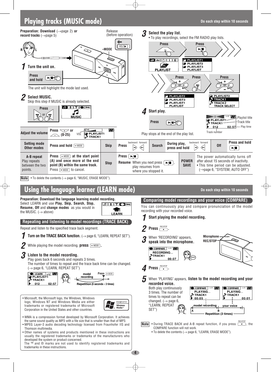 Playing tracks (music mode), Using the language learner (learn mode) | Panasonic SV-MP710SV User Manual | Page 4 / 6