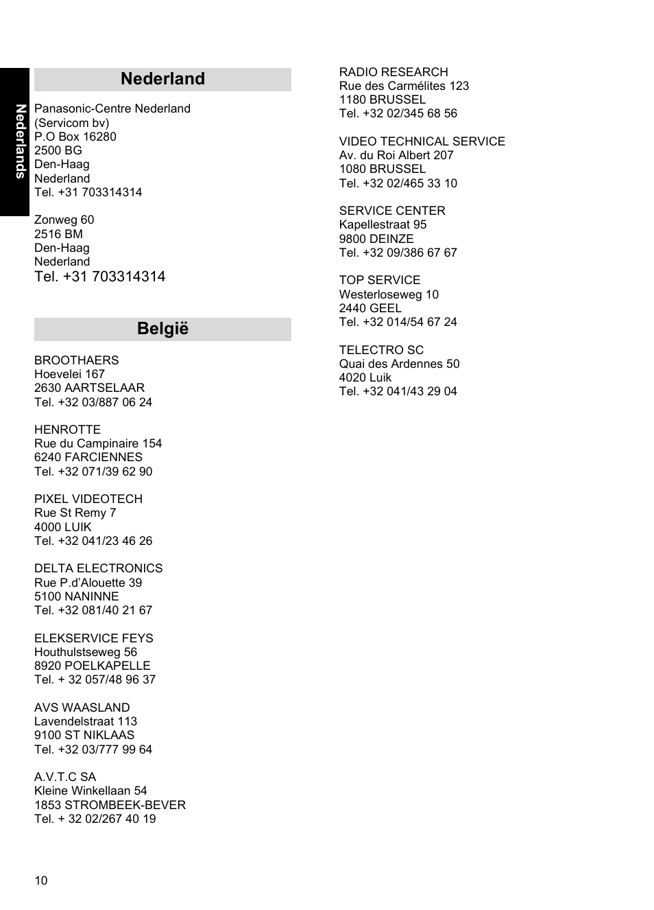 Nederland belgië | Panasonic A100 User Manual | Page 11 / 65