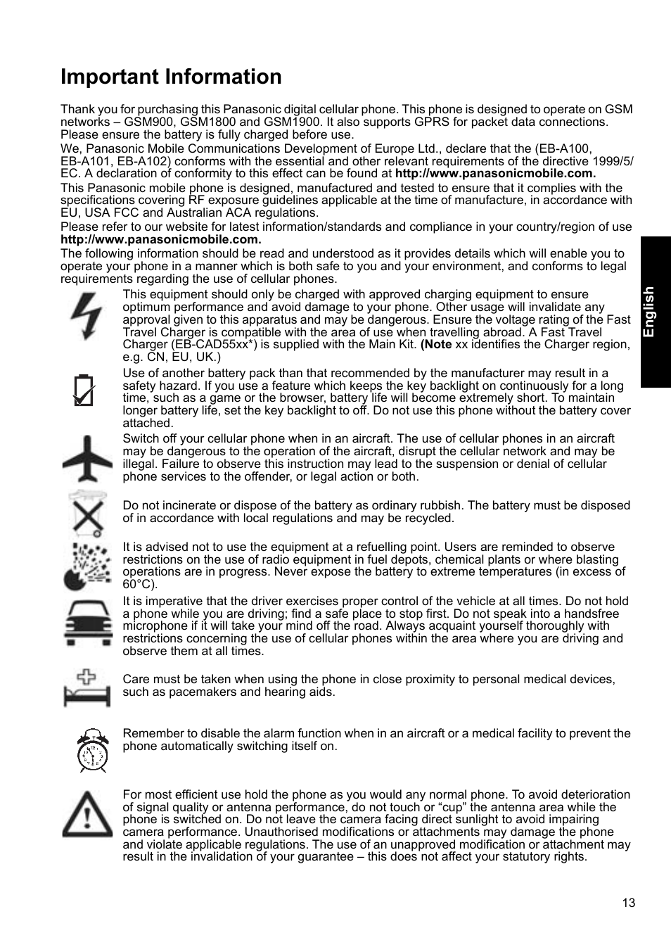 Important information | Panasonic A100 User Manual | Page 14 / 65