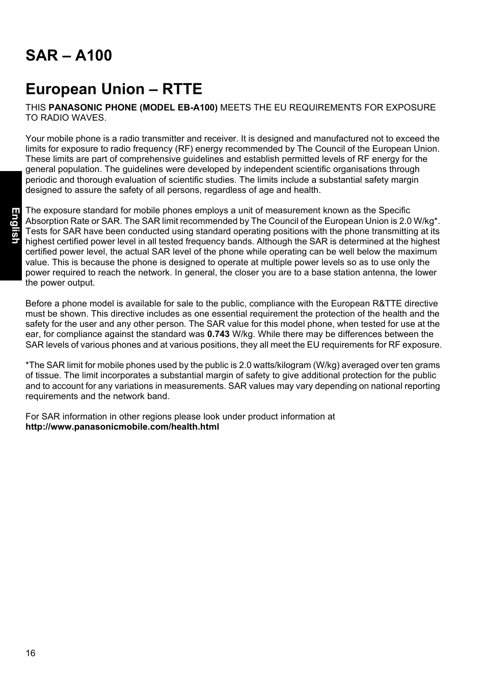 Sar - a100, Sar – a100 european union – rtte | Panasonic A100 User Manual | Page 17 / 65