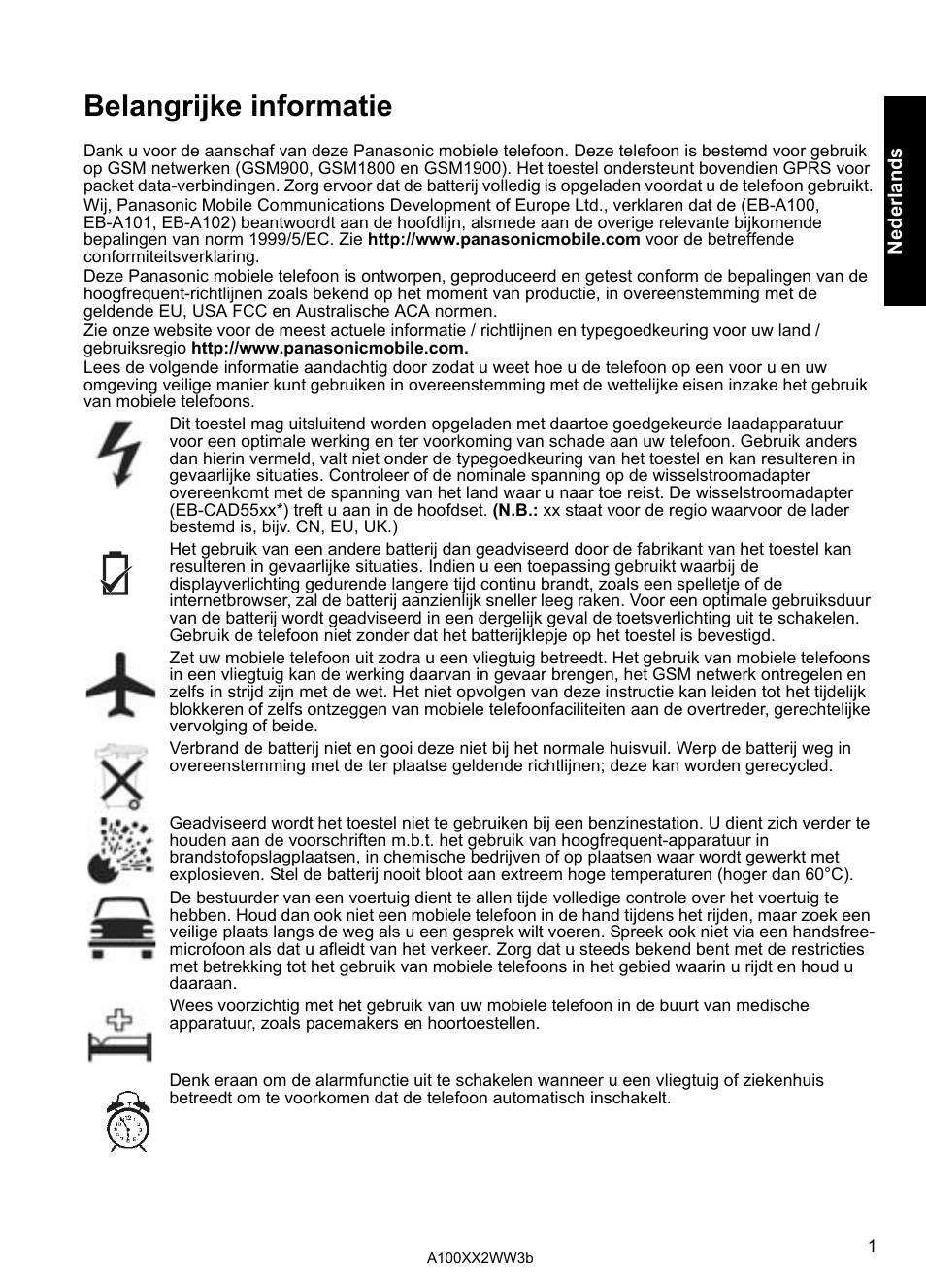 Belangrijke informatie | Panasonic A100 User Manual | Page 2 / 65