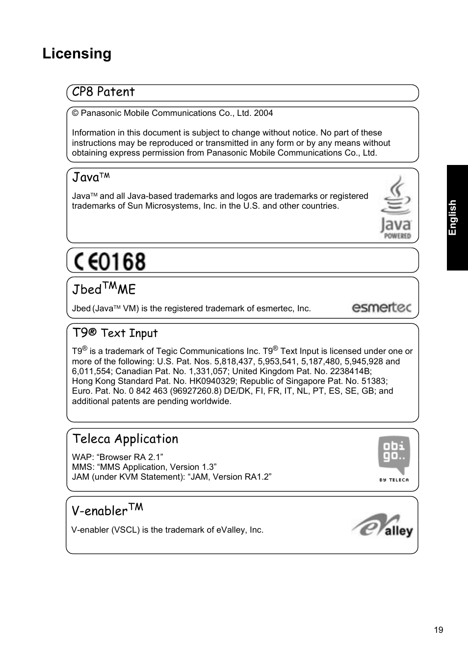 Licensing, Cp8 patent, Java | Jbed, Teleca application, V-enabler | Panasonic A100 User Manual | Page 20 / 65