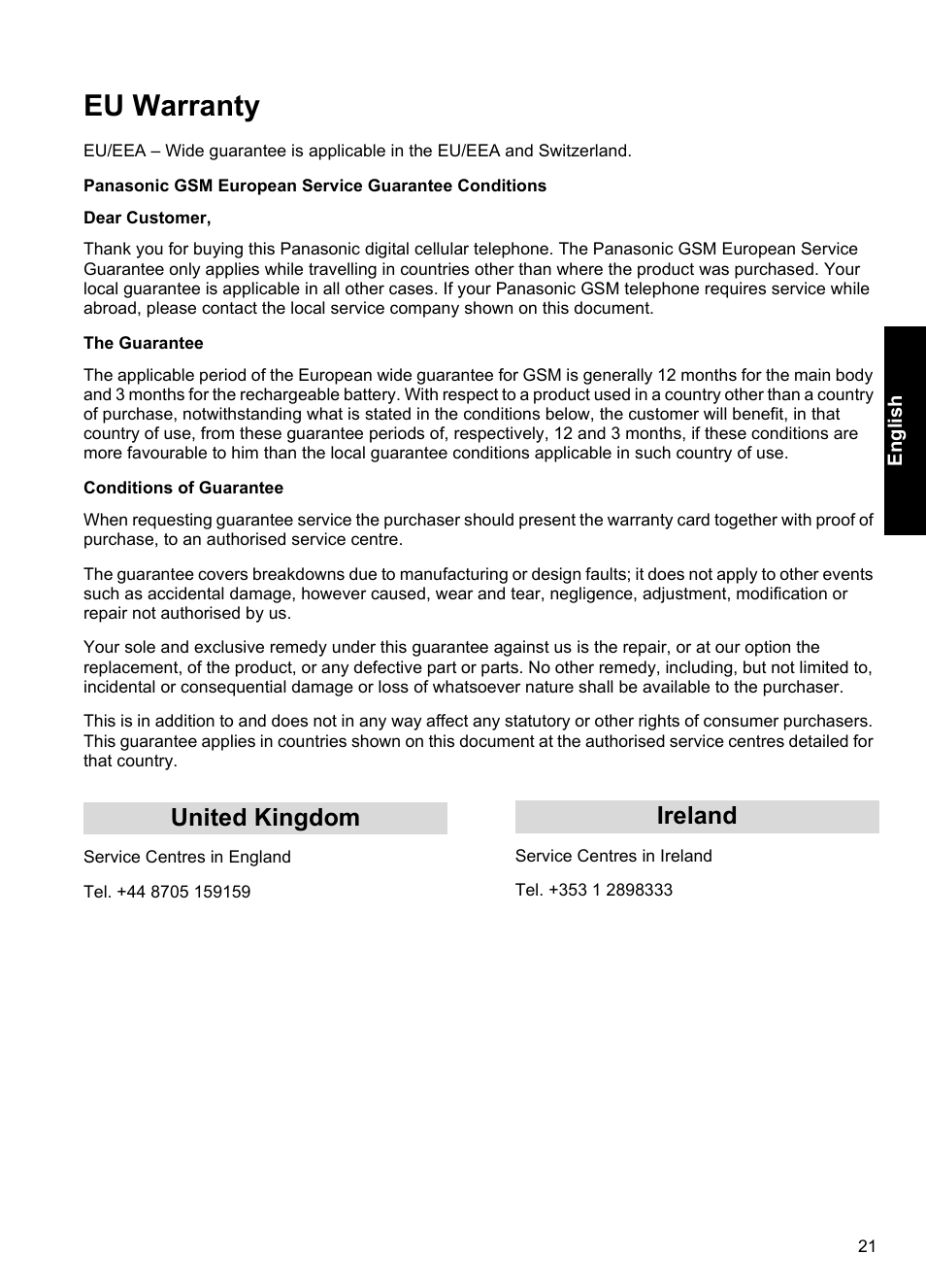 Eu warranty, United kingdom ireland | Panasonic A100 User Manual | Page 22 / 65