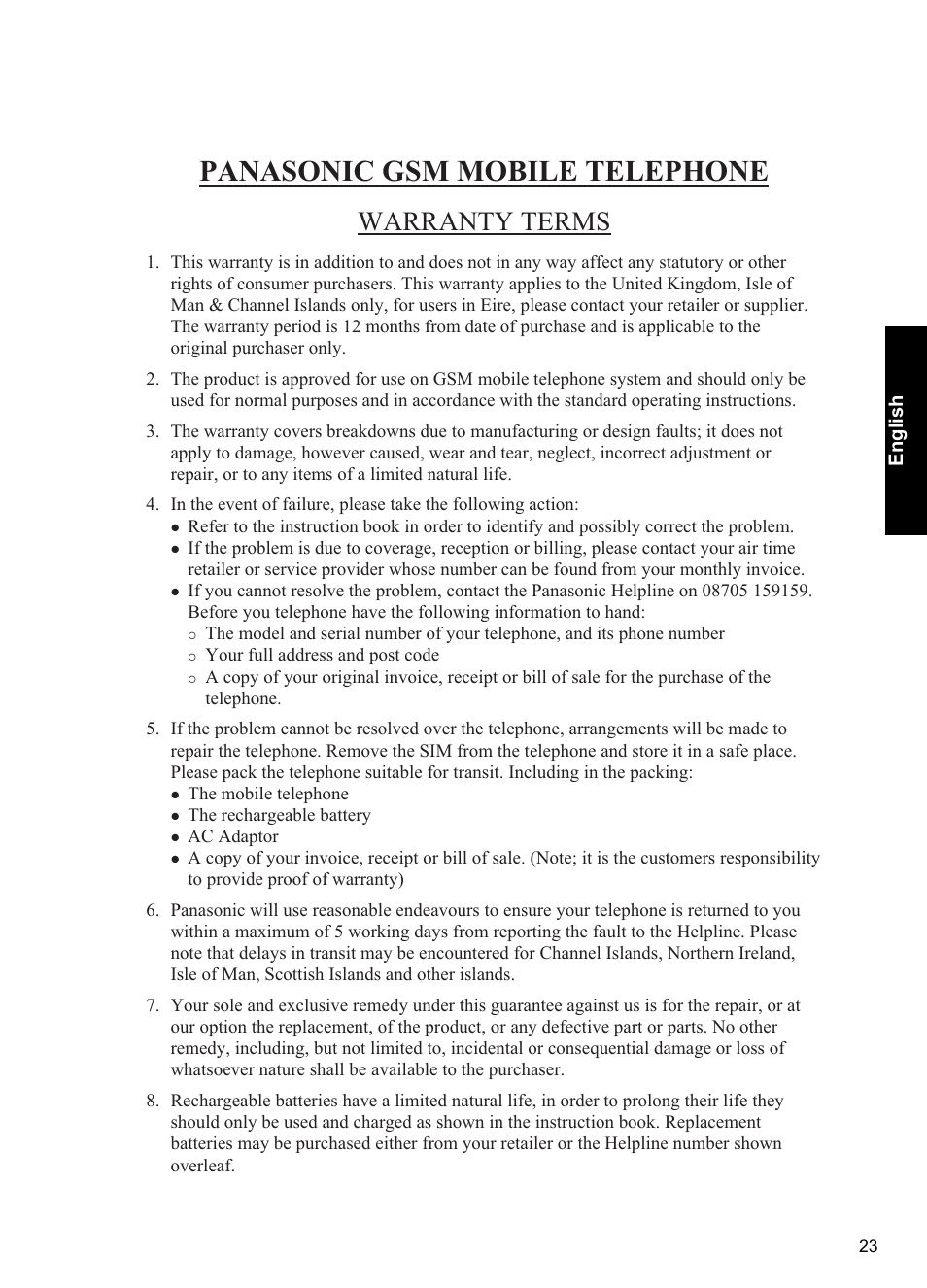 Panasonic gsm mobile telephone, Warranty terms | Panasonic A100 User Manual | Page 24 / 65