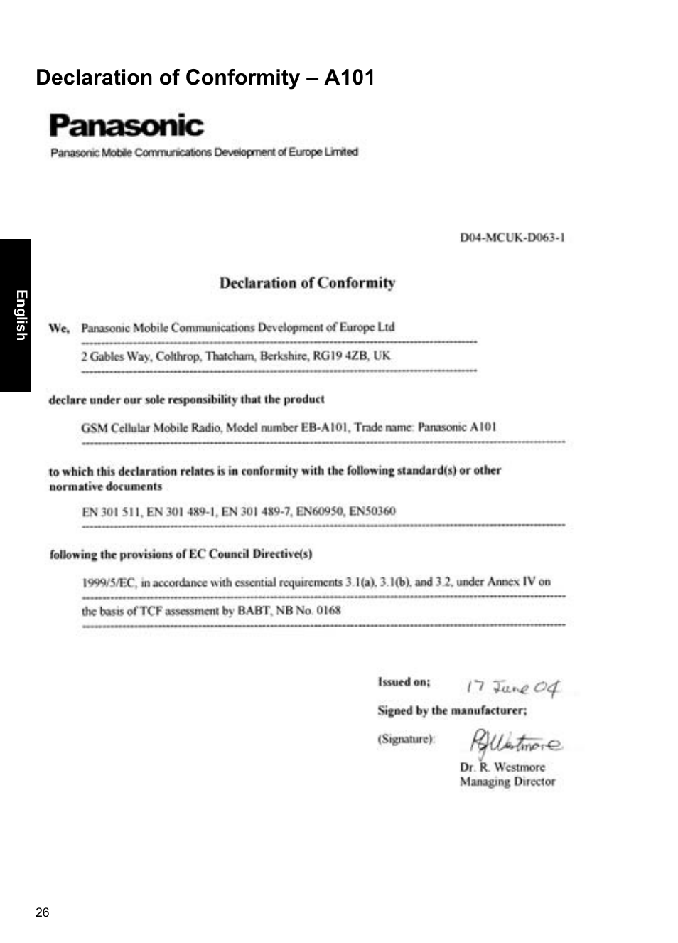 Declaration of conformity – a101 | Panasonic A100 User Manual | Page 27 / 65