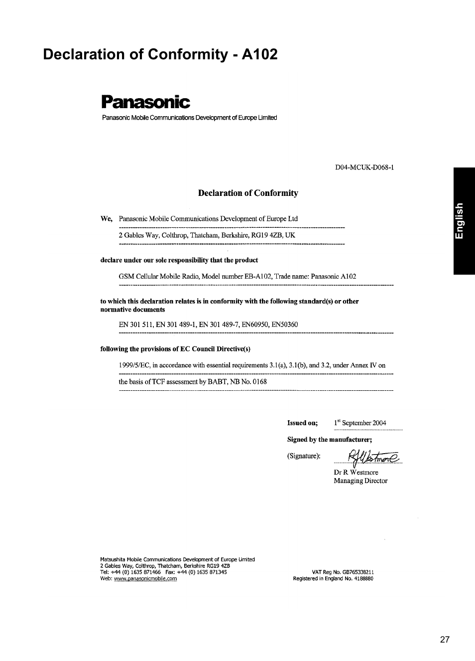 Declaration of conformity - a102 | Panasonic A100 User Manual | Page 28 / 65