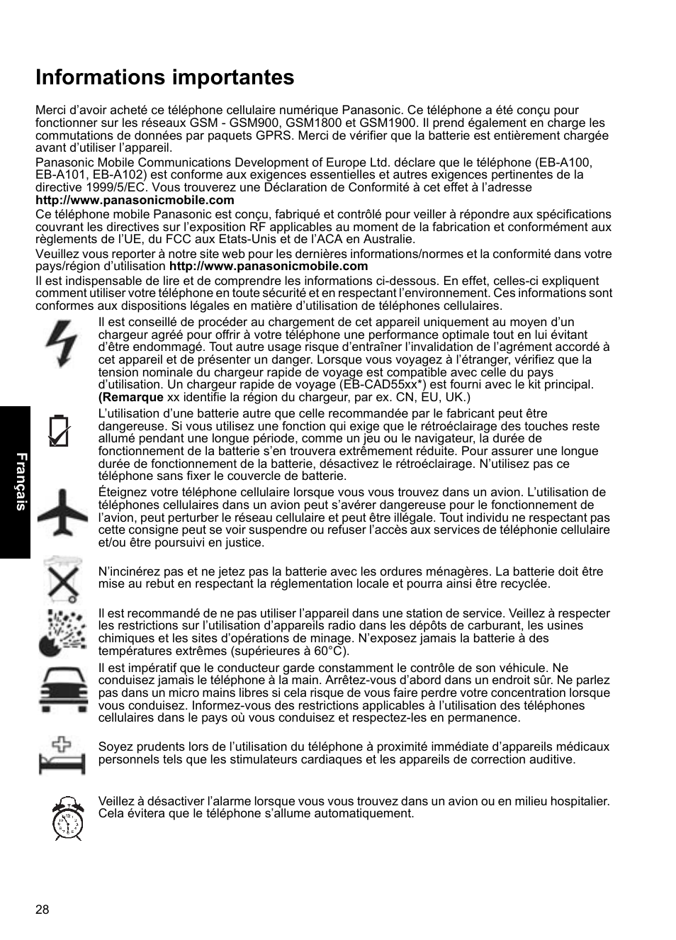 Informations importantes | Panasonic A100 User Manual | Page 29 / 65
