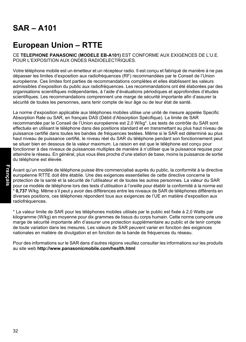 Sar - a101, Sar – a101 european union – rtte | Panasonic A100 User Manual | Page 33 / 65