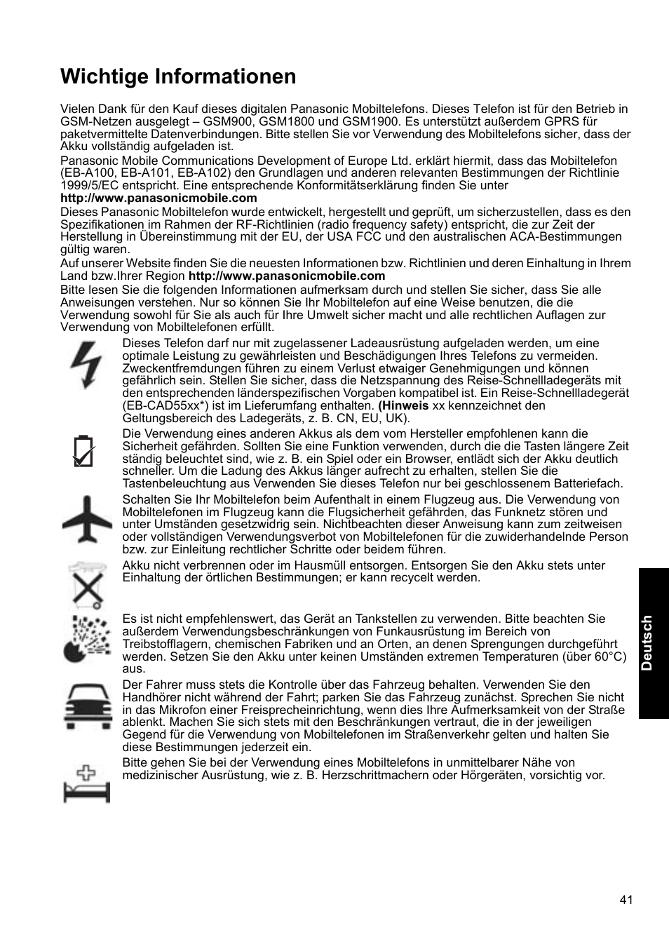 Wichtige informationen | Panasonic A100 User Manual | Page 42 / 65