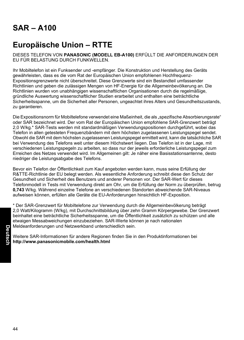 Sar - a100, Sar – a100 europäische union – rtte | Panasonic A100 User Manual | Page 45 / 65