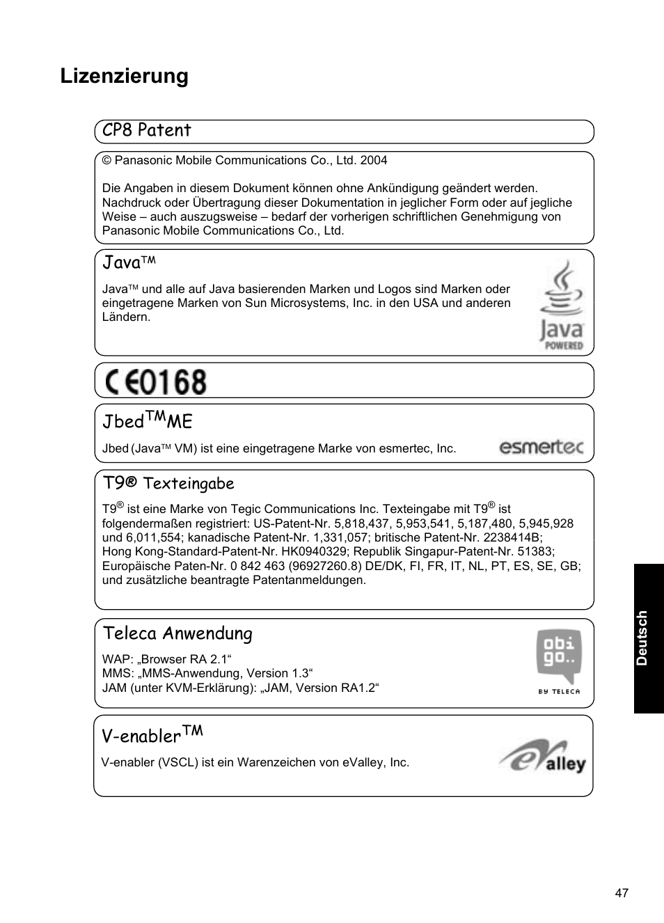 Lizenzierung, Cp8 patent, Java | Jbed, Teleca anwendung, V-enabler | Panasonic A100 User Manual | Page 48 / 65