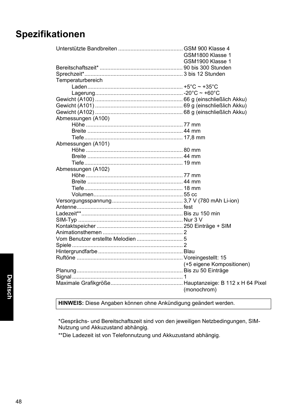 Spezifikationen | Panasonic A100 User Manual | Page 49 / 65