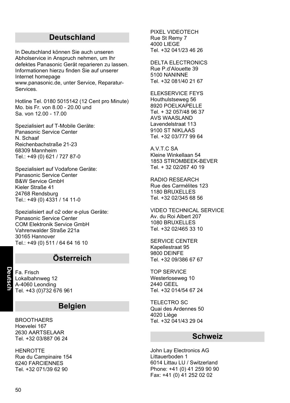 Deutschland österreich belgien schweiz | Panasonic A100 User Manual | Page 51 / 65