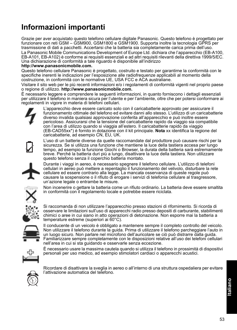 Informazioni importanti | Panasonic A100 User Manual | Page 54 / 65