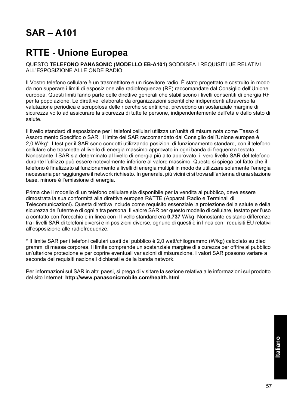 Sar - a101, Sar – a101 rtte - unione europea | Panasonic A100 User Manual | Page 58 / 65