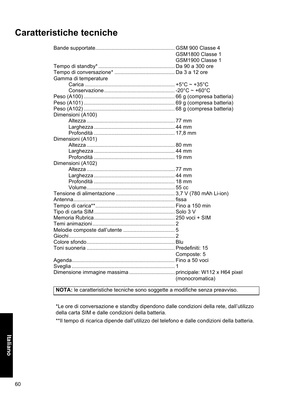 Caratteristiche tecniche | Panasonic A100 User Manual | Page 61 / 65