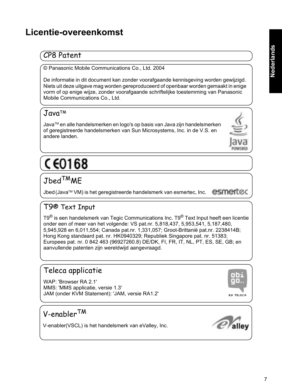 Licentie-overeenkomst, Cp8 patent, Java | Jbed, Teleca applicatie, V-enabler | Panasonic A100 User Manual | Page 8 / 65