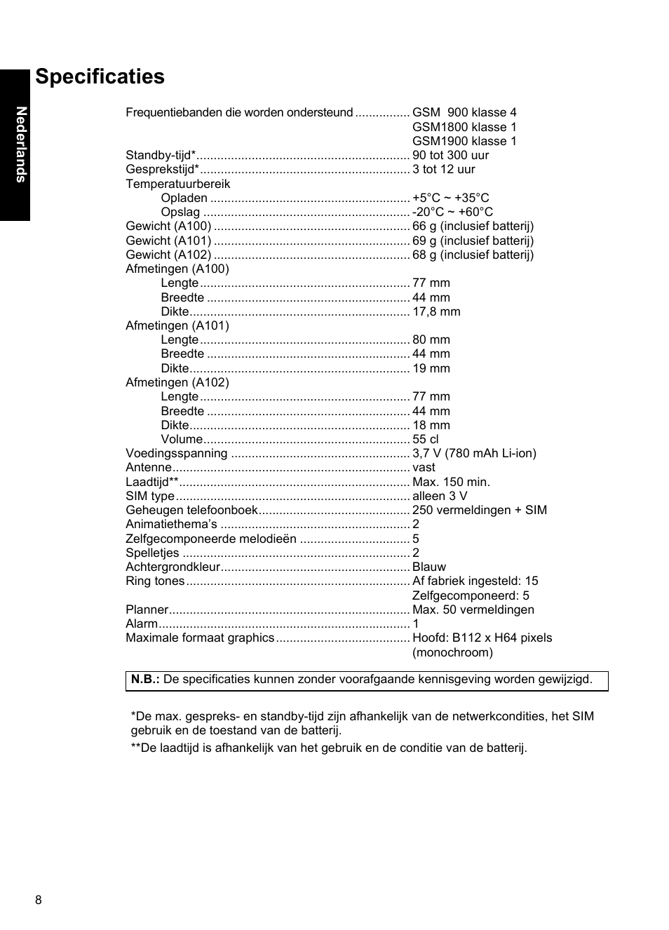 Specificaties | Panasonic A100 User Manual | Page 9 / 65
