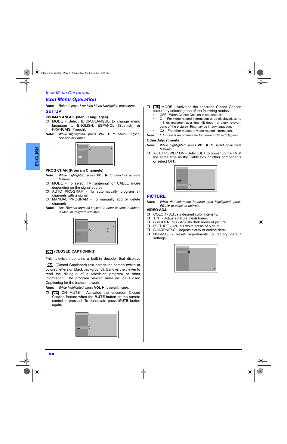 Icon menu operation, Set up, Picture | En gli s h | Panasonic CT 20L8 User Manual | Page 10 / 57