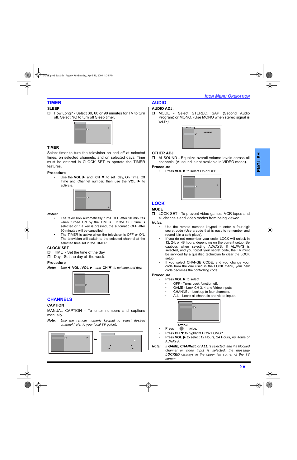 Timer, Channels, Audio | Lock, En gli s h timer | Panasonic CT 20L8 User Manual | Page 11 / 57