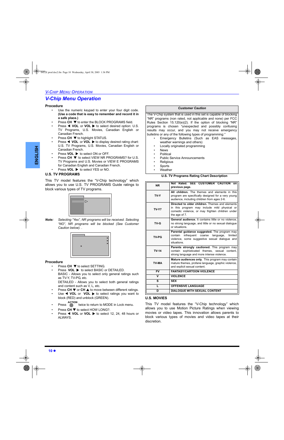 V-chip menu operation, En gli s h | Panasonic CT 20L8 User Manual | Page 12 / 57