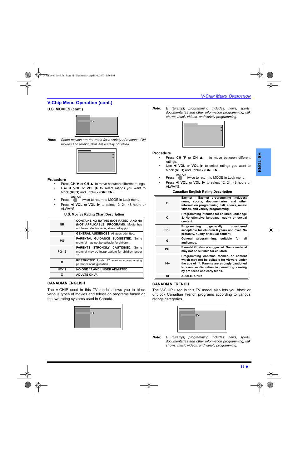 En gli s h v-chip menu operation (cont.) | Panasonic CT 20L8 User Manual | Page 13 / 57